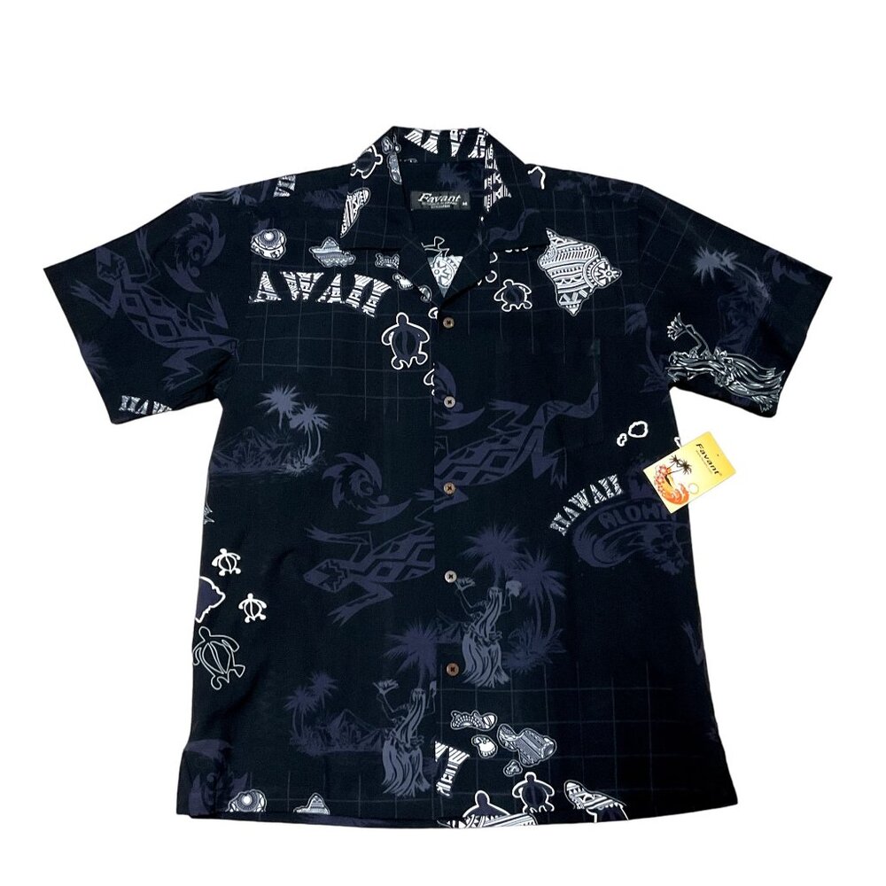 NWT Favant Hawaiian Shirt Sz M Black All Over Print Hula Girl Gecko Islands Mens